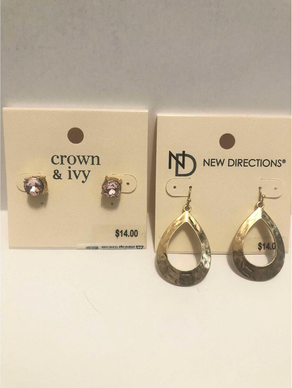 757 lot of 2 Earrings Crown & Ivy/ new direction goldtone teardrop pink stud new